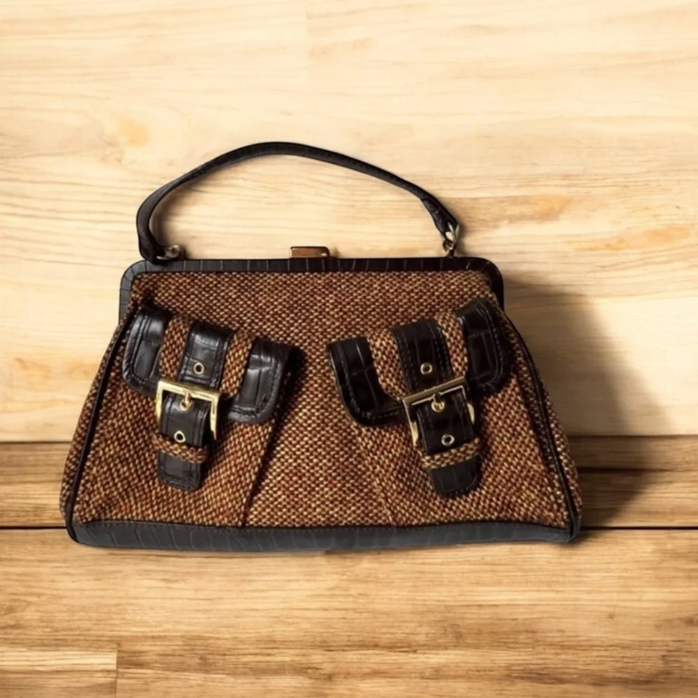 Vintage tweet fabric with a leather trim purse,bag by Firenze